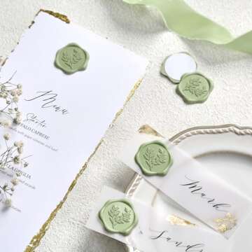 UNIQOOO Wax Seal Stickers - Eucalyptus Wedding Invitation Envelope Seal Stickers, 50 Pcs Self- Adhesive Sage Green Stickers, Perfect for Invitation, Christmas, Gift Wrapping