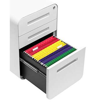Laura Davidson Furniture Stockpile 3 Drawer File Cabinet with Lock - Under Office Desk Metal Filing Cabinet, Legal/Letter File Folders, Wheels and Stationary Feet, Pre-Assembled, White