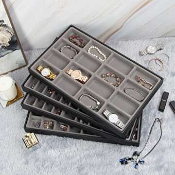 Set of 4 Stackable PU Leather Jewelry Organizer Trays, Jewelry Display Storage Box Showcase Holder Dresser Drawer Organizer for Earring Necklace Bracelet Ring Accessary (Black)- MK212-1ABCD