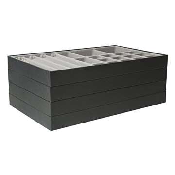 Set of 4 Stackable PU Leather Jewelry Organizer Trays, Jewelry Display Storage Box Showcase Holder Dresser Drawer Organizer for Earring Necklace Bracelet Ring Accessary (Black)- MK212-1ABCD
