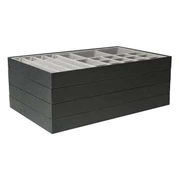 Set of 4 Stackable PU Leather Jewelry Organizer Trays, Jewelry Display Storage Box Showcase Holder Dresser Drawer Organizer for Earring Necklace Bracelet Ring Accessary (Black)- MK212-1ABCD
