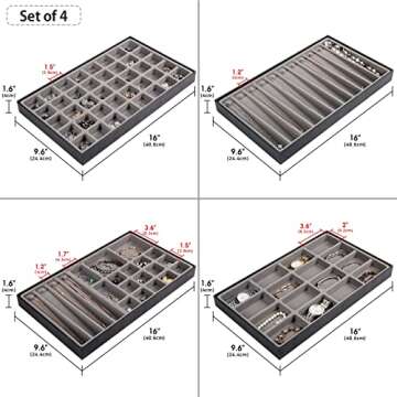 Set of 4 Stackable PU Leather Jewelry Organizer Trays, Jewelry Display Storage Box Showcase Holder Dresser Drawer Organizer for Earring Necklace Bracelet Ring Accessary (Black)- MK212-1ABCD