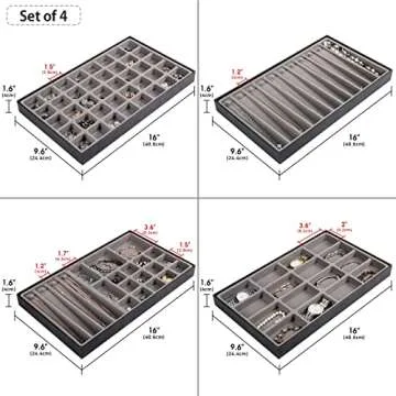 Set of 4 Stackable PU Leather Jewelry Organizer Trays, Jewelry Display Storage Box Showcase Holder Dresser Drawer Organizer for Earring Necklace Bracelet Ring Accessary (Black)- MK212-1ABCD