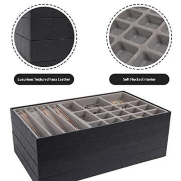 Set of 4 Stackable PU Leather Jewelry Organizer Trays, Jewelry Display Storage Box Showcase Holder Dresser Drawer Organizer for Earring Necklace Bracelet Ring Accessary (Black)- MK212-1ABCD