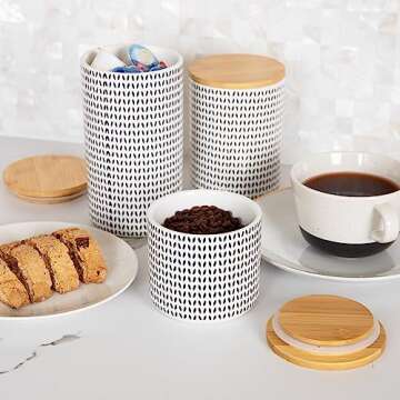 Mind Reader 3-Piece Canister Set, Sugar Container, Coffee Storage, Lids, Kitchen, Ceramic, 4"L x 4"W x 7"H, Black and White