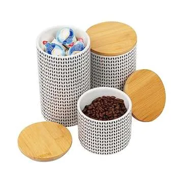 Mind Reader 3-Piece Canister Set, Sugar Container, Coffee Storage, Lids, Kitchen, Ceramic, 4"L x 4"W x 7"H, Black and White