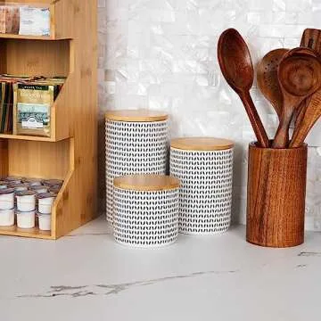 Mind Reader 3-Piece Canister Set, Sugar Container, Coffee Storage, Lids, Kitchen, Ceramic, 4"L x 4"W x 7"H, Black and White