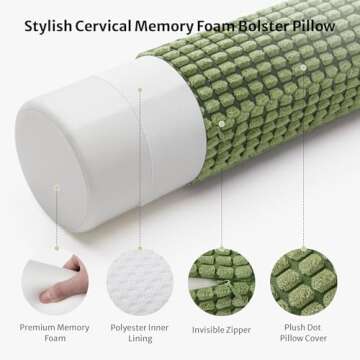 Blissful Diary Neck Pillow for Sleeping, Memory Foam Plush Dot Washable Cervical Neck Pillow for Neck Pain Relief, Multi-functional Home Office Travel Yoga Round Cylinder Bolster Pillow, Stylish Green
