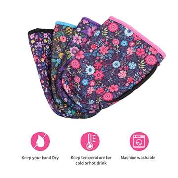 4Pack Reusable Iced Coffee Sleeve Insulator Sleeves for Cold Drinks Beverages, Neoprene Cup Holder for Most Coffee, Fits 30-32oz Large Cups (Flower With Handle)