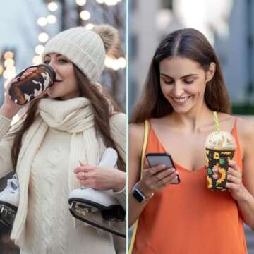 4Pack Reusable Iced Coffee Sleeve Insulator Sleeves for Cold Drinks Beverages, Neoprene Cup Holder for Most Coffee, Fits 30-32oz Large Cups (Flower With Handle)