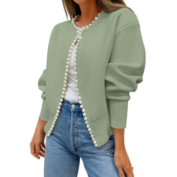 ZESICA Women's Open Front Cardigan Sweater Casual Knitted Long Sleeve Pearls Trim Outerwear Coat Tre...
