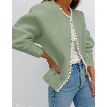 ZESICA Women's Open Front Cardigan Sweater Casual Knitted Long Sleeve Pearls Trim Outerwear Coat Trendy Clothes,Pea Green,Large