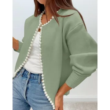 ZESICA Women's Open Front Cardigan Sweater Casual Knitted Long Sleeve Pearls Trim Outerwear Coat Trendy Clothes,Pea Green,Large