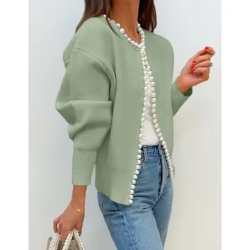 ZESICA Women's Open Front Cardigan Sweater Casual Knitted Long Sleeve Pearls Trim Outerwear Coat Trendy Clothes,Pea Green,Large