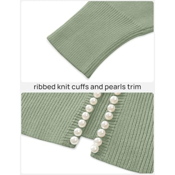 ZESICA Women's Open Front Cardigan Sweater Casual Knitted Long Sleeve Pearls Trim Outerwear Coat Trendy Clothes,Pea Green,Large