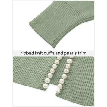 ZESICA Women's Open Front Cardigan Sweater Casual Knitted Long Sleeve Pearls Trim Outerwear Coat Trendy Clothes,Pea Green,Large