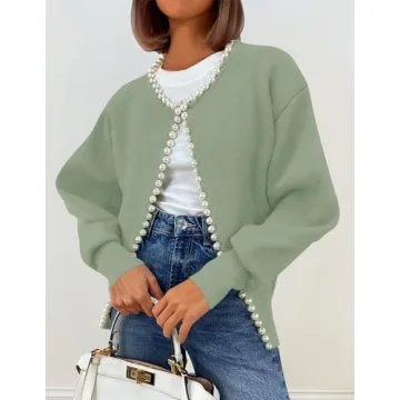 ZESICA Women's Open Front Cardigan Sweater Casual Knitted Long Sleeve Pearls Trim Outerwear Coat Trendy Clothes,Pea Green,Large