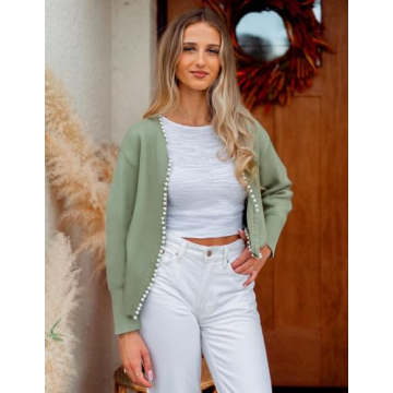 ZESICA Women's Open Front Cardigan Sweater Casual Knitted Long Sleeve Pearls Trim Outerwear Coat Trendy Clothes,Pea Green,Large