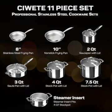 Ciwete 11-PC Stainless Steel Cookware Set - Oven & Dishwasher Safe