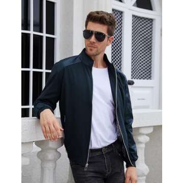 Tanming Men's Casual Slim Fit Lightweight Zip Up Softshell Bomber Jacket (X-Small, Blue)