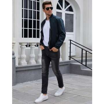 Tanming Men's Casual Slim Fit Lightweight Zip Up Softshell Bomber Jacket (X-Small, Blue)