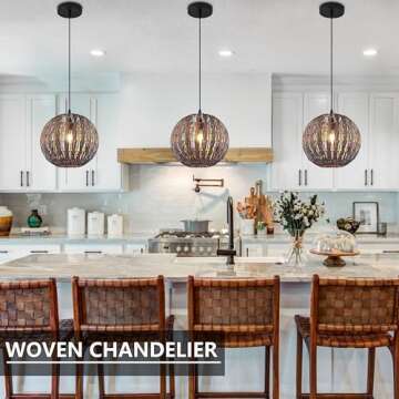 Wicker Pendant Light Brown Rattan Light Fixture Woven Pendant Light Basket Lamp Shade Light Fixtures Ceiling Light Hanging for Patio Hallway Kitchen Island Bedroom Dining Room(Led Bulb Incl.)