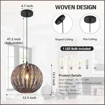 Wicker Pendant Light Brown Rattan Light Fixture Woven Pendant Light Basket Lamp Shade Light Fixtures Ceiling Light Hanging for Patio Hallway Kitchen Island Bedroom Dining Room(Led Bulb Incl.)