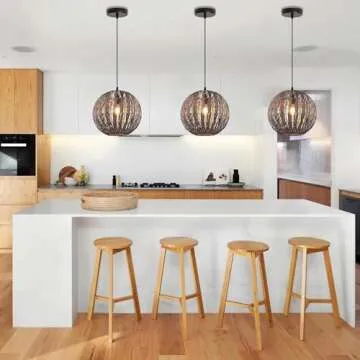 Wicker Pendant Light Brown Rattan Light Fixture Woven Pendant Light Basket Lamp Shade Light Fixtures Ceiling Light Hanging for Patio Hallway Kitchen Island Bedroom Dining Room(Led Bulb Incl.)