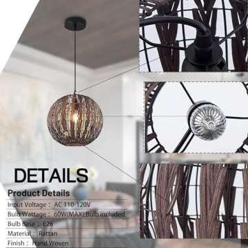 Wicker Pendant Light Brown Rattan Light Fixture Woven Pendant Light Basket Lamp Shade Light Fixtures Ceiling Light Hanging for Patio Hallway Kitchen Island Bedroom Dining Room(Led Bulb Incl.)