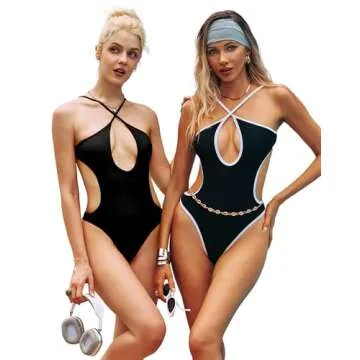 HYPERFIRE Women's Sexy Criss Cross Halter Bathing Suit Cut Out Backless Monokini Swimsuits One Piece Black Large