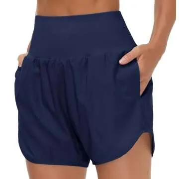 THE GYM PEOPLE Women’s High Waist Running Shorts with Liner Athletic Hiking Workout Shorts Zip Poc...