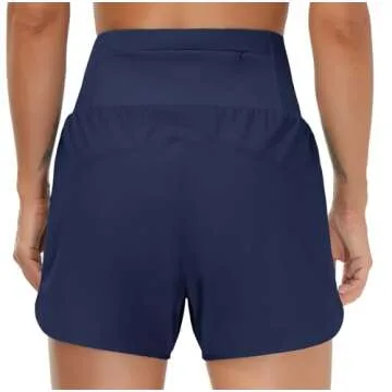 THE GYM PEOPLE Women’s High Waist Running Shorts with Liner Athletic Hiking Workout Shorts Zip Pockets Blue