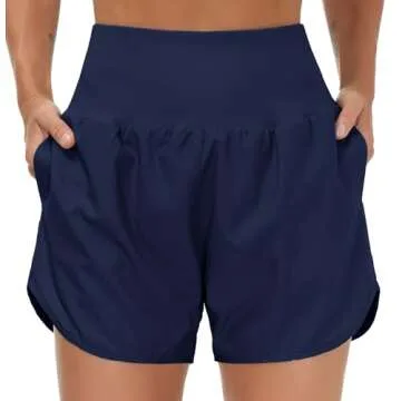 THE GYM PEOPLE Women’s High Waist Running Shorts with Liner Athletic Hiking Workout Shorts Zip Pockets Blue