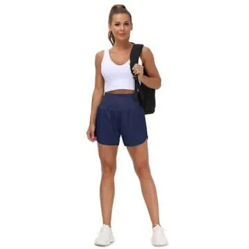THE GYM PEOPLE Women’s High Waist Running Shorts with Liner Athletic Hiking Workout Shorts Zip Pockets Blue