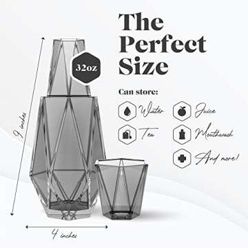 American Atelier Modern Geometric Bedside Carafe | 2Piece Set Bedside Water Carafe | Glass Carafe with Cup that Doubles as Lid | Bedside Water Carafe and Glass Set in Grey (37oz)