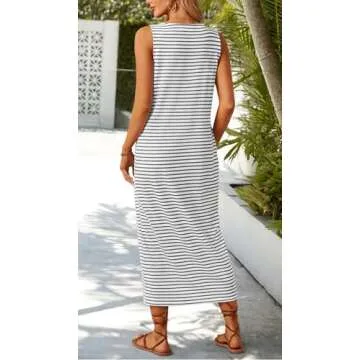 MEROKEETY Women's Summer Sleeveless Striped T Shirt Tank Midi Dress Casual Scoop Neck Bodycon Dresses, Darkgrey, Small