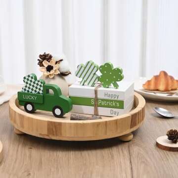 FESTGLOX St Patricks Day Decor, St Patricks Day Decorations - Wood Book Stack & Truck & 3 Shamrocks Signs for Irish Office Table, Shelf, Saint Patricks Day Decorations for Home