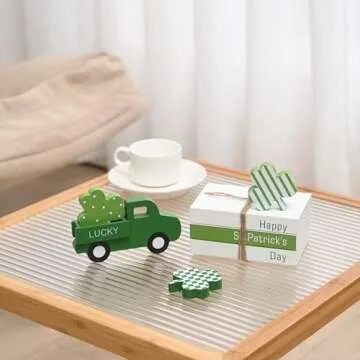 FESTGLOX St Patricks Day Decor, St Patricks Day Decorations - Wood Book Stack & Truck & 3 Shamrocks Signs for Irish Office Table, Shelf, Saint Patricks Day Decorations for Home