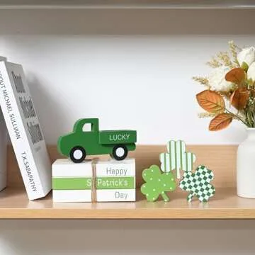 FESTGLOX St Patricks Day Decor, St Patricks Day Decorations - Wood Book Stack & Truck & 3 Shamrocks Signs for Irish Office Table, Shelf, Saint Patricks Day Decorations for Home