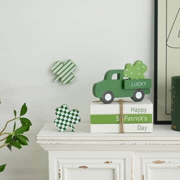 FESTGLOX St Patricks Day Decor, St Patricks Day Decorations - Wood Book Stack & Truck & 3 Shamrocks Signs for Irish Office Table, Shelf, Saint Patricks Day Decorations for Home