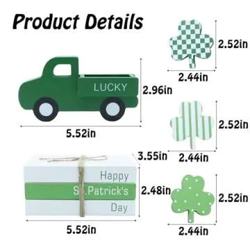 FESTGLOX St Patricks Day Decor, St Patricks Day Decorations - Wood Book Stack & Truck & 3 Shamrocks Signs for Irish Office Table, Shelf, Saint Patricks Day Decorations for Home