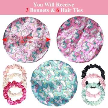 3pcs Satin Bonnets for Kids Sleeping, Cute Hair Bonnet with Scrunchies for Girls Curly Hair, A