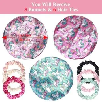 3pcs Satin Bonnets for Kids Sleeping, Cute Hair Bonnet with Scrunchies for Girls Curly Hair, A
