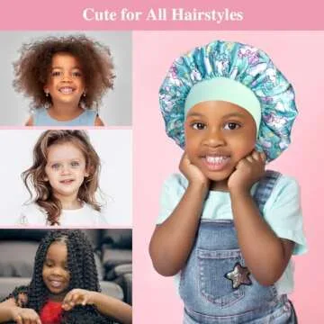 3pcs Satin Bonnets for Kids Sleeping, Cute Hair Bonnet with Scrunchies for Girls Curly Hair, A