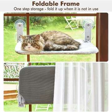 AMOSIJOY Cordless Cat Window Perch, Cat Hammock for Wall with 4 Suction Cups, Anchor&Screw for Two Ways of Installation, Solid Metal Frame and Reversible Cover, Foldable Cat Beds for Indoor Cats