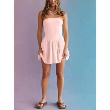 Loafawes Strapless Tube Top Dress for Women Summer Solid Dresses Hot Shot Flowy Sundresses Short Casual Dress for Beach Pale Pink