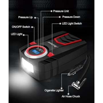 Avid Power 12V DC Air Compressor w/Digital Pressure Gauge, Car Tire Pump w/LED Light, Auto Shut-Off Tire Inflator for Car, Bicycles, Balls and Other Inflatables