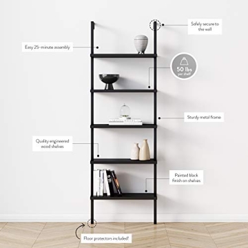 Theo 5-Shelf Black Bookcase Industrial Metal Frame