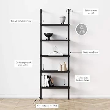Theo 5-Shelf Black Bookcase Industrial Metal Frame