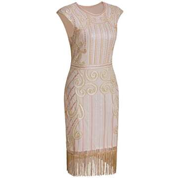 Vijiv Womens 1920s Elegant Dresses with Sleeves Beaded Great Gatsby Flapper Dress for Party Beige Pi...